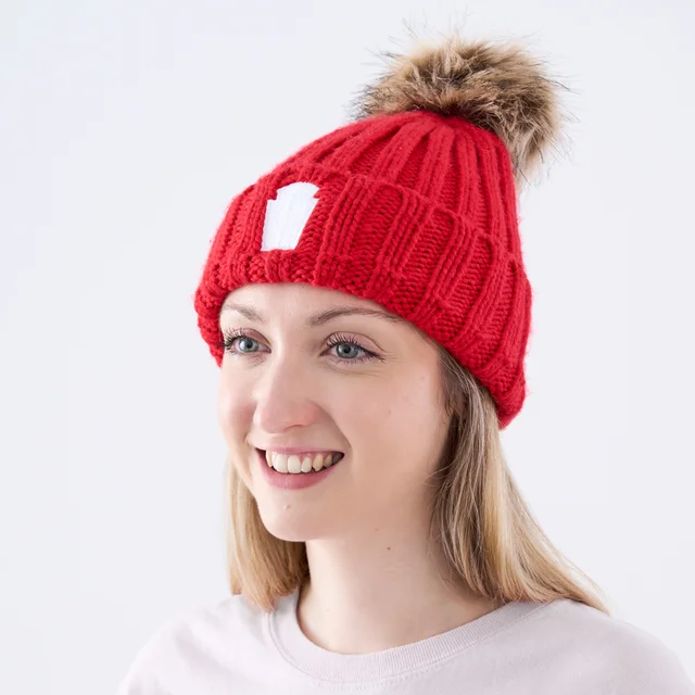 Red Embroidered Chunky Rib Knit Beanie Hat