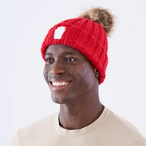 Red Embroidered Chunky Rib Knit Beanie Hat
