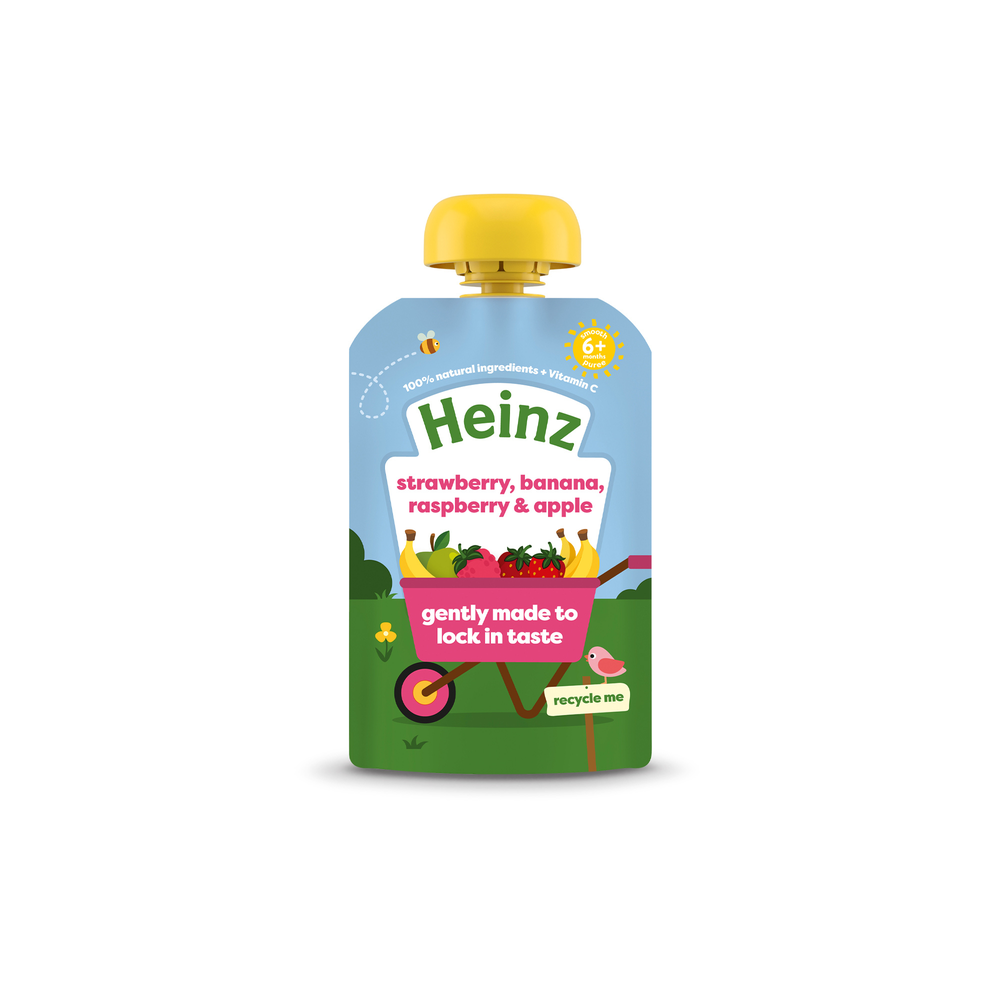 Heinz Strawberry, Banana, Raspberry and Apple Baby Food Puree Pouch 6+ Months 100g Image 1